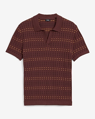 Striped Textured Cotton Johnny Collar Sweater Polo