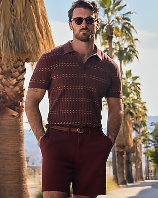 Striped Textured Cotton Johnny Collar Sweater Polo