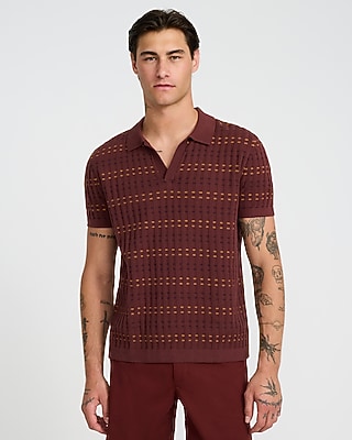 Striped Textured Cotton Johnny Collar Sweater Polo