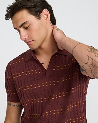 Striped Textured Cotton Johnny Collar Sweater Polo