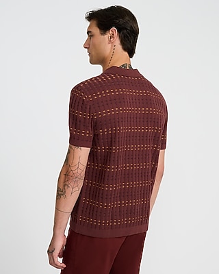 Striped Textured Cotton Johnny Collar Sweater Polo