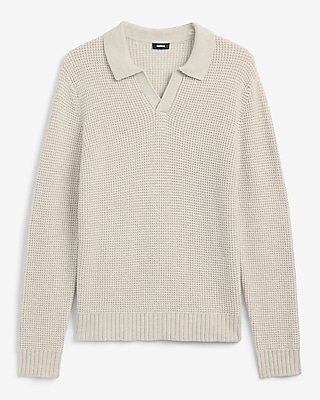 Waffle Knit Johnny Collar Long Sleeve Sweater Polo