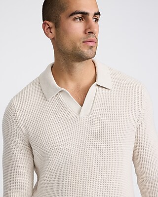 Waffle Knit Johnny Collar Long Sleeve Sweater Polo