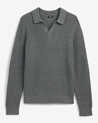 Waffle Knit Johnny Collar Long Sleeve Sweater