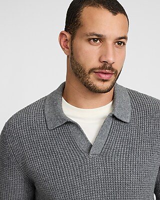 Waffle Knit Johnny Collar Long Sleeve Sweater