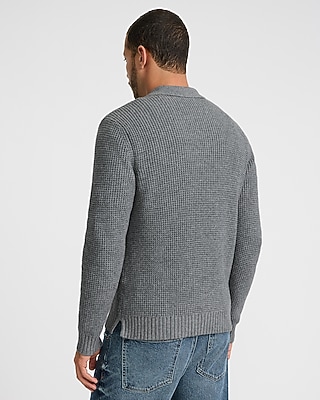 Waffle Knit Johnny Collar Long Sleeve Sweater