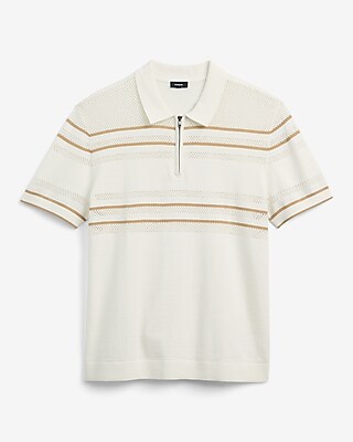 Textured Open Knit Striped Cotton Quarter Zip Polo - image 5