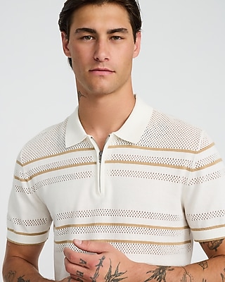 Textured Open Knit Striped Cotton Quarter Zip Polo - image 2