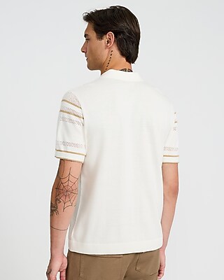 Textured Open Knit Striped Cotton Quarter Zip Polo - image 3