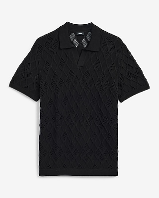 Cotton Open Knit Diamond Johnny Collar Short Sleeve Sweater Polo