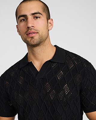 Cotton Open Knit Diamond Johnny Collar Short Sleeve Sweater Polo
