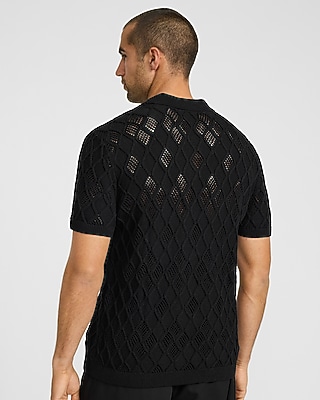 Cotton Open Knit Diamond Johnny Collar Short Sleeve Sweater Polo