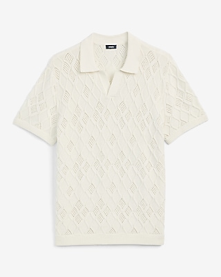Cotton Open Knit Diamond Johnny Collar Short Sleeve Sweater Polo