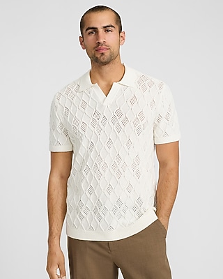 Cotton Open Knit Diamond Johnny Collar Short Sleeve Sweater Polo