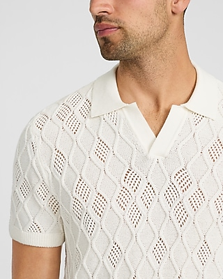 Cotton Open Knit Diamond Johnny Collar Short Sleeve Sweater Polo