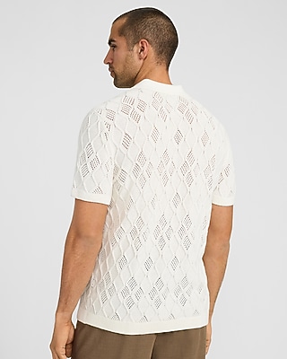 Cotton Open Knit Diamond Johnny Collar Short Sleeve Sweater Polo