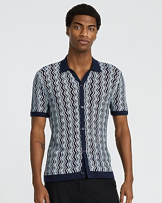 Textured Zig Zag Cotton Open Knit Short Sleeve Shirt