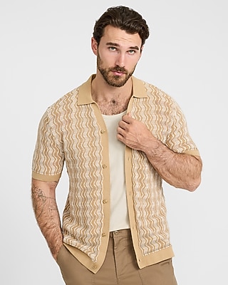 Textured Zig Zag Cotton Open Knit Sweater Polo