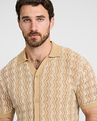 Textured Zig Zag Cotton Open Knit Sweater Polo