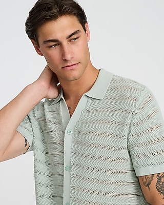 Cotton Open Knit Stripe Short Sleeve Sweater Polo - image 2