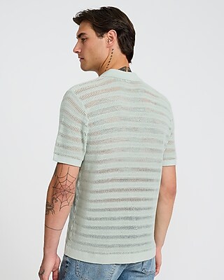 Cotton Open Knit Stripe Short Sleeve Sweater Polo - image 3