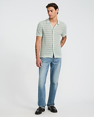 Cotton Open Knit Stripe Short Sleeve Sweater Polo - image 4