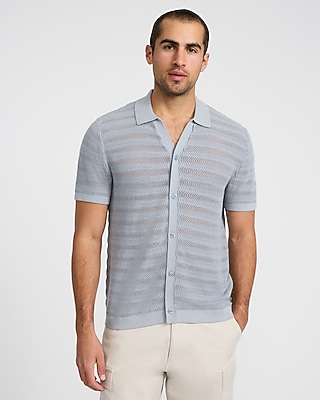 Cotton Open Knit Stripe Short Sleeve Sweater Polo | Express