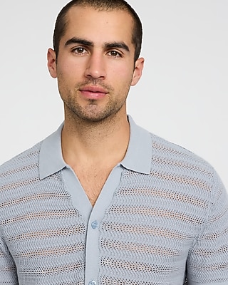 Cotton Open Knit Stripe Short Sleeve Sweater Polo