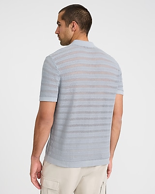 Cotton Open Knit Stripe Short Sleeve Sweater Polo