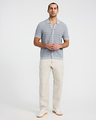 Cotton Open Knit Stripe Short Sleeve Sweater Polo