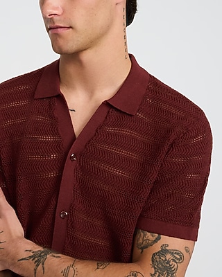 Cotton Open Knit Stripe Short Sleeve Sweater Polo