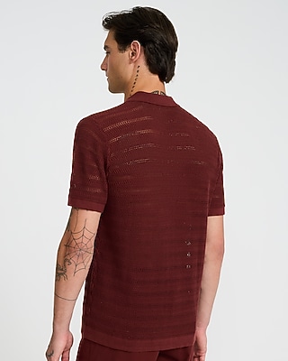 Cotton Open Knit Stripe Short Sleeve Sweater Polo