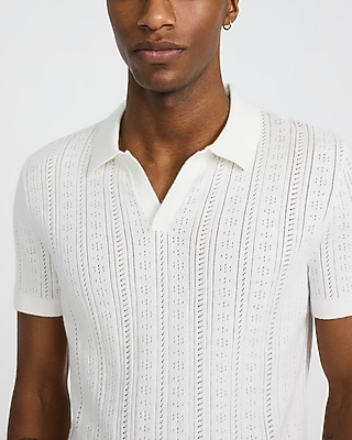 Pointelle Open Knit Johnny Collar Sweater Polo