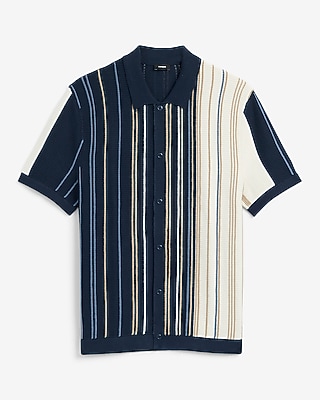 Striped Cotton Snap Button Short Sleeve Sweater Polo