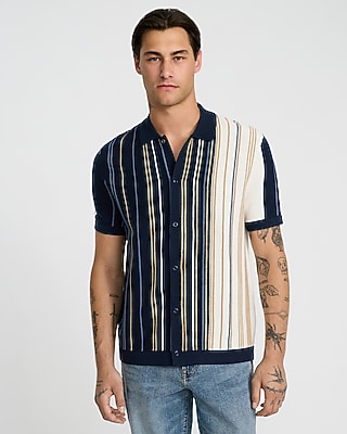 Striped Cotton Snap Button Short Sleeve Sweater Polo