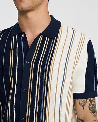 Striped Cotton Snap Button Short Sleeve Sweater Polo