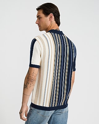 Striped Cotton Snap Button Short Sleeve Sweater Polo
