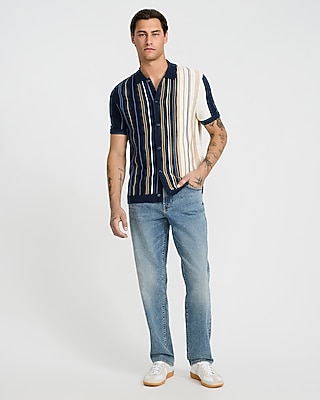 Striped Cotton Snap Button Short Sleeve Sweater Polo