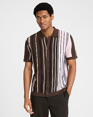 Striped Cotton Snap Button Short Sleeve Sweater Polo