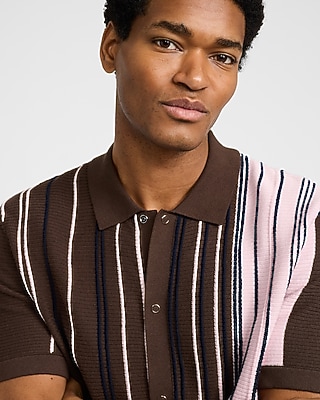 Striped Cotton Snap Button Short Sleeve Sweater Polo