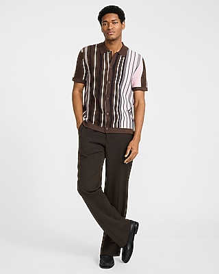 Striped Cotton Snap Button Short Sleeve Sweater Polo