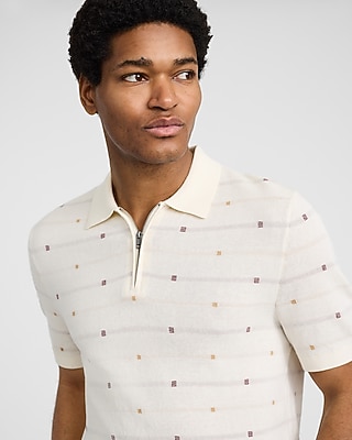 Textured Geo Striped Dot Cotton Quarter Zip Sweater Polo