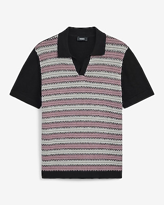 Striped Ribbed Cotton Johnny Collar Sweater Polo