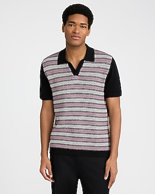 Striped Ribbed Cotton Johnny Collar Sweater Polo