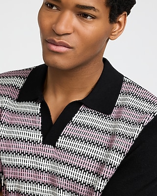 Striped Ribbed Cotton Johnny Collar Sweater Polo