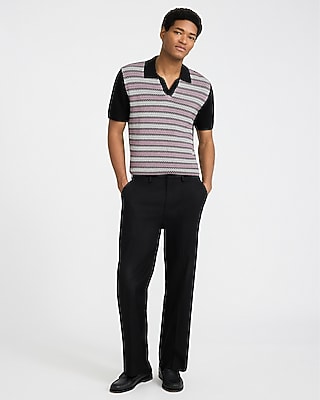 Striped Ribbed Cotton Johnny Collar Sweater Polo