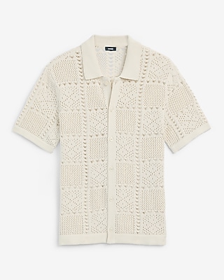 Textured Crochet Cotton Short Sleeve Sweater Polo