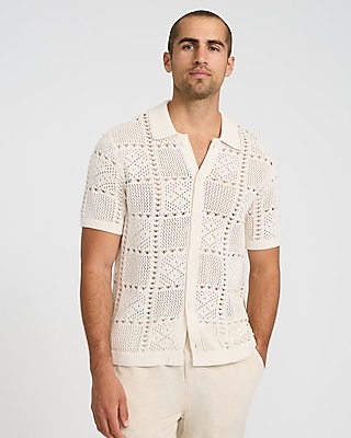 Textured Crochet Cotton Short Sleeve Sweater Polo