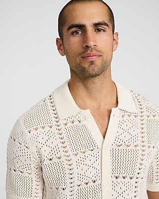 Textured Crochet Cotton Short Sleeve Sweater Polo