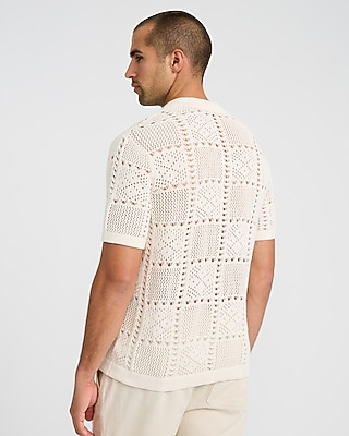 Textured Crochet Cotton Short Sleeve Sweater Polo